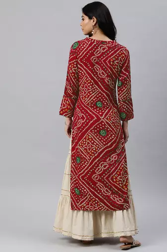 Red Rayon Bandhani Printed Kurti