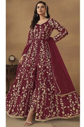 Women red butterfly net with embroidery sequences suits