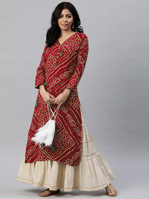 Red Rayon Bandhani Printed Kurti 5