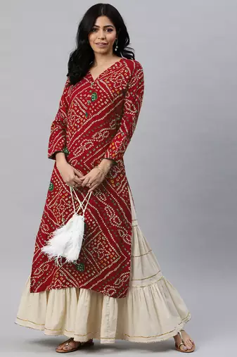 Red Rayon Bandhani Printed Kurti