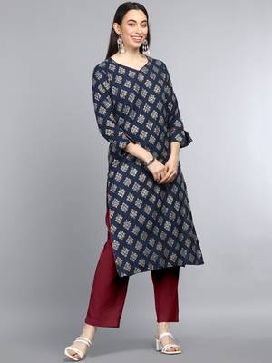 women navy blue cotton ethnic motifs printed straight kurta 1