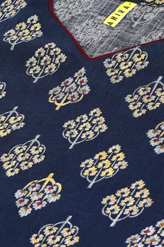 women navy blue cotton ethnic motifs printed straight kurta