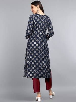 women navy blue cotton ethnic motifs printed straight kurta 4