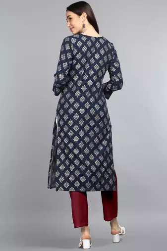 women navy blue cotton ethnic motifs printed straight kurta
