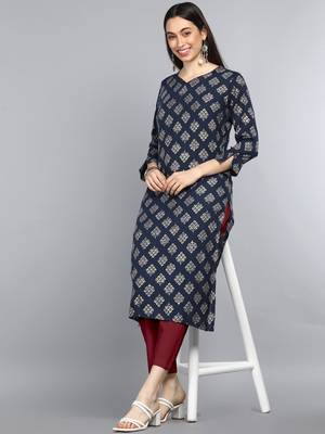 women navy blue cotton ethnic motifs printed straight kurta 5