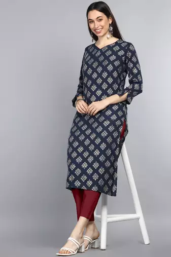 women navy blue cotton ethnic motifs printed straight kurta
