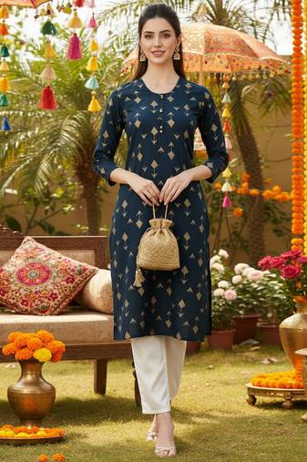 women teal cotton geometric printed straight kurta