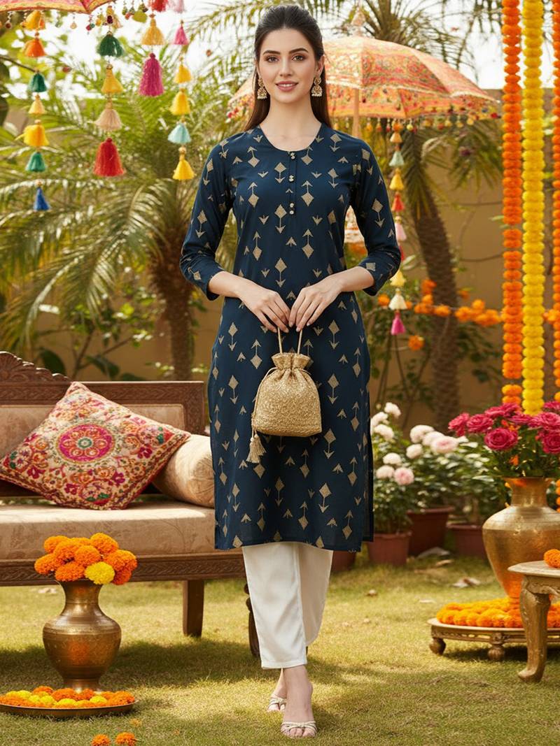 women teal cotton geometric printed straight kurta