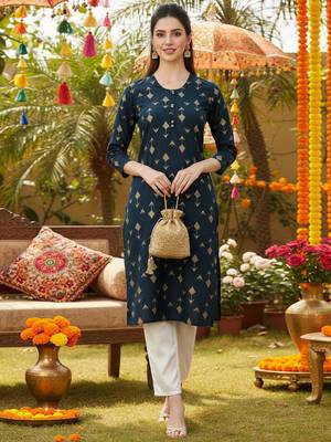 women teal cotton geometric printed straight kurta 1