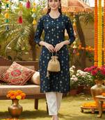 women teal cotton geometric printed straight kurta