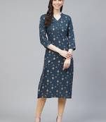 women teal cotton geometric printed straight kurta