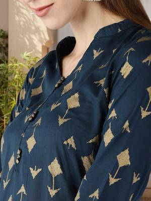 women teal cotton geometric printed straight kurta 2