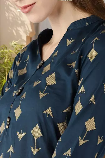women teal cotton geometric printed straight kurta