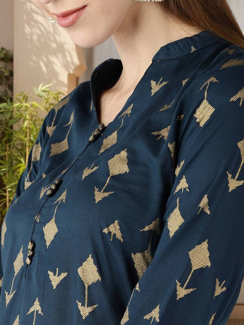 women teal cotton geometric printed straight kurta