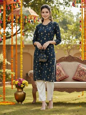 women teal cotton geometric printed straight kurta 3