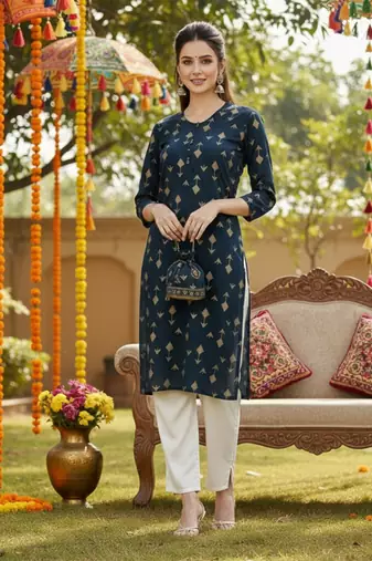 women teal cotton geometric printed straight kurta