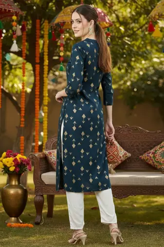 women teal cotton geometric printed straight kurta