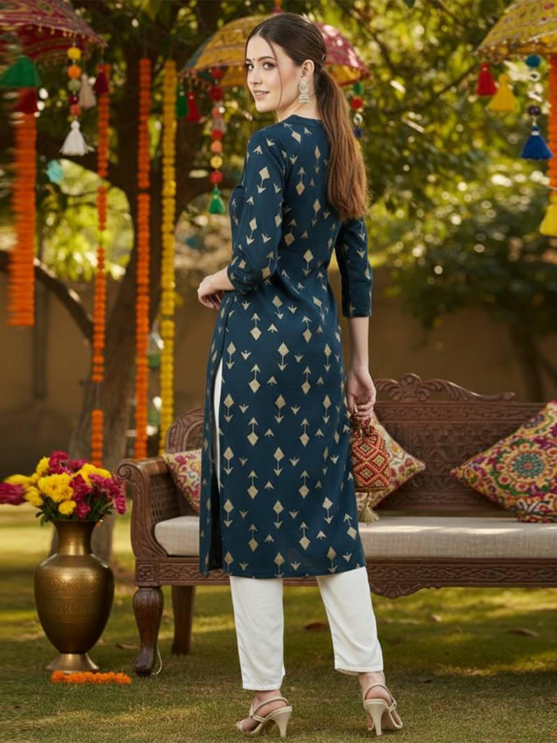 women teal cotton geometric printed straight kurta