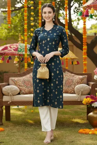 women teal cotton geometric printed straight kurta