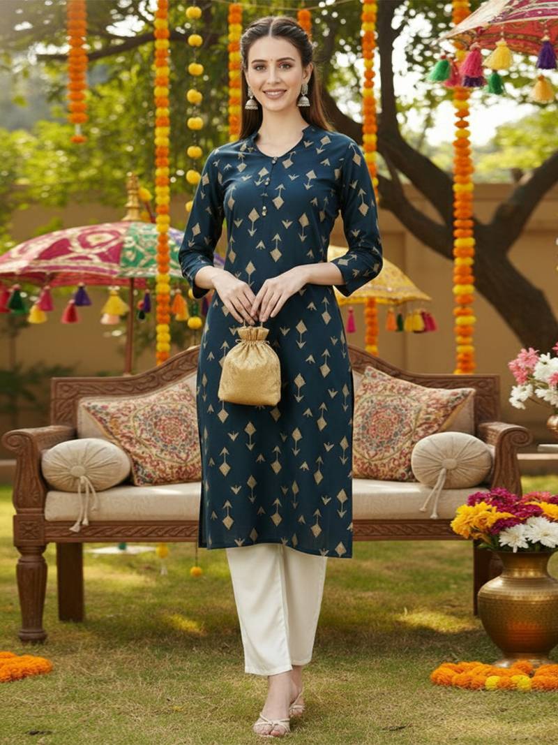 women teal cotton geometric printed straight kurta