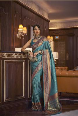 Rajtex Teal Woven Zari Silk Saree With Blouse 1