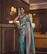 Rajtex Teal Woven Zari Silk Saree With Blouse