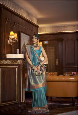 Rajtex Teal Woven Zari Silk Saree With Blouse 2