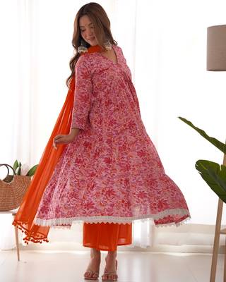 Magenta orange floral anarkali palazzo set with dupatta 1