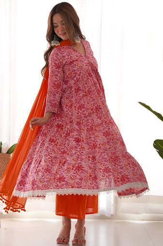 Magenta orange floral anarkali palazzo set with dupatta