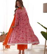 Magenta orange floral anarkali palazzo set with dupatta