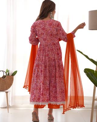 Magenta orange floral anarkali palazzo set with dupatta 2