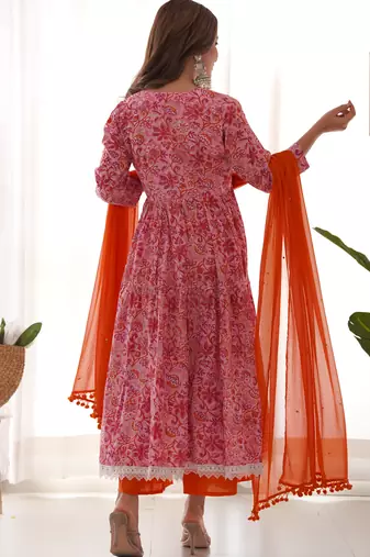 Magenta orange floral anarkali palazzo set with dupatta