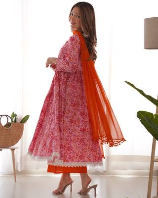 Magenta orange floral anarkali palazzo set with dupatta 3