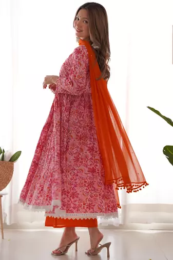 Magenta orange floral anarkali palazzo set with dupatta