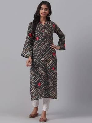 women charcoal grey cotton bandhani printed straight kurta 1