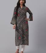 women charcoal grey cotton bandhani printed straight kurta