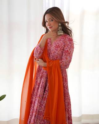 Magenta orange floral anarkali palazzo set with dupatta 4