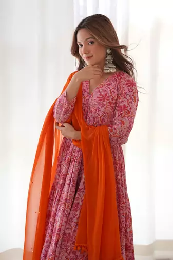 Magenta orange floral anarkali palazzo set with dupatta