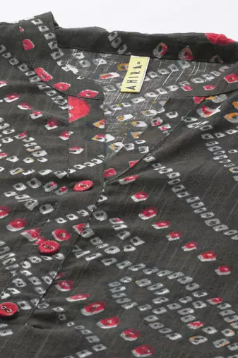 women charcoal grey cotton bandhani printed straight kurta