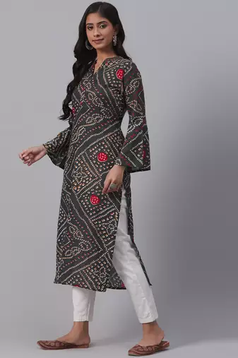 women charcoal grey cotton bandhani printed straight kurta