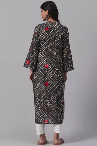 women charcoal grey cotton bandhani printed straight kurta
