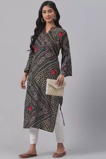 women charcoal grey cotton bandhani printed straight kurta