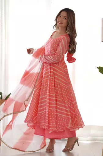 peach baddhani anarkali palazzo set with dupatta