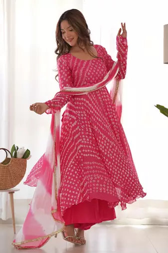 bandhani anarkali palazzo set with dupatta