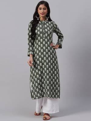 women green cotton floral printed straight kurta 1