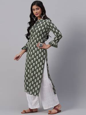 women green cotton floral printed straight kurta 3