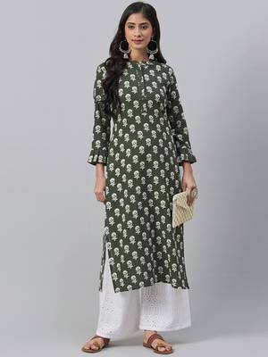 women green cotton floral printed straight kurta 5
