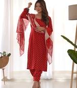 Red block kurta afgani salwar set with dupatta