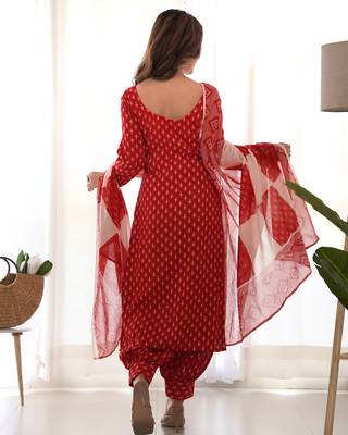 Red block kurta afgani salwar set with dupatta 2