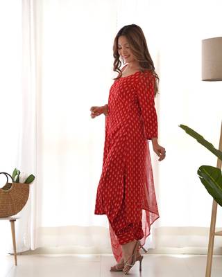 Red block kurta afgani salwar set with dupatta 3